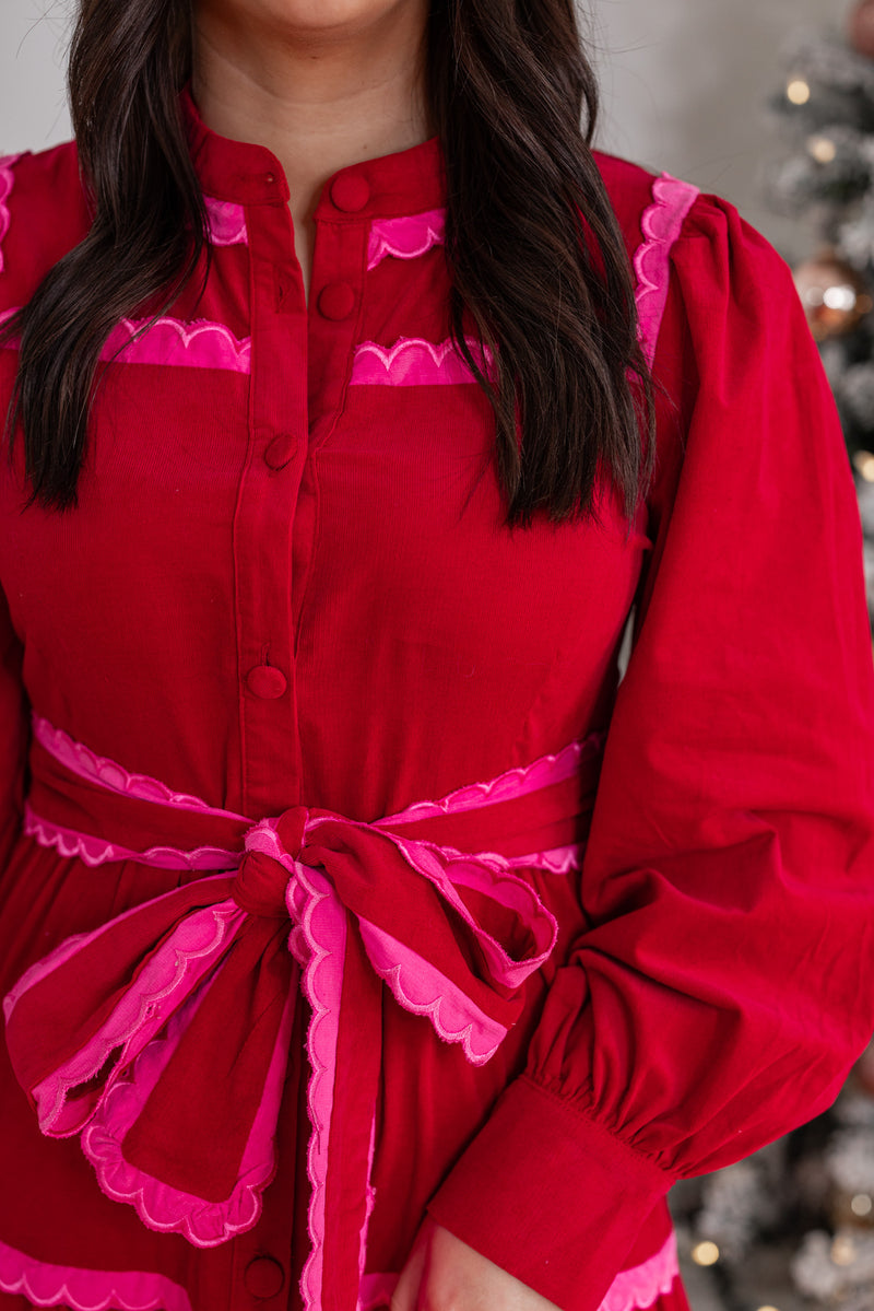 red corduroy pink scallop hem maxi dress