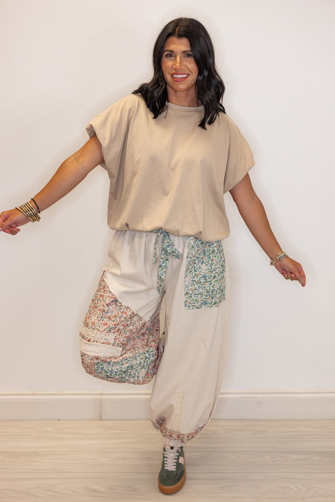 Women's oatmeal twill wide leg jogger pants with multicolor floral patches by POL