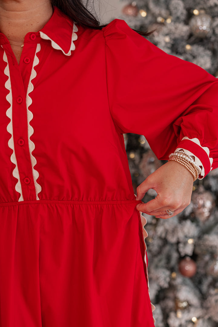 red scalloped trim midi dress
