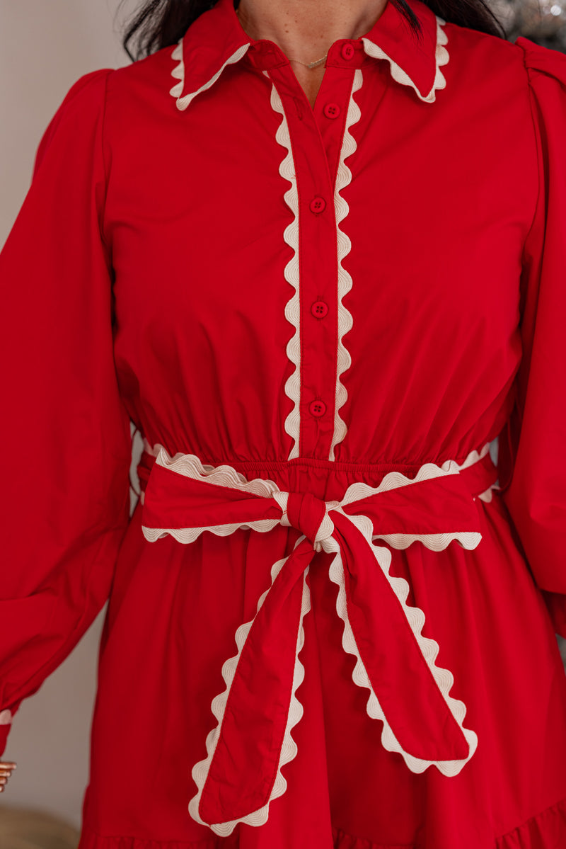 red scalloped trim midi dress