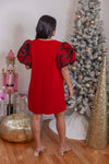 red black metallic puff sleeve shift dress