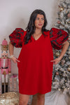 red black metallic puff sleeve shift dress