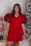 red black metallic puff sleeve shift dress