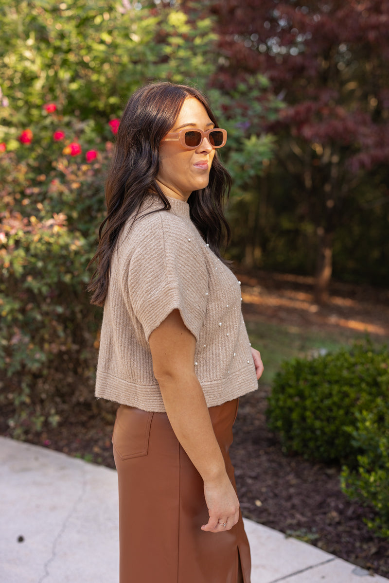 taupe pearl embellished cropped sweater