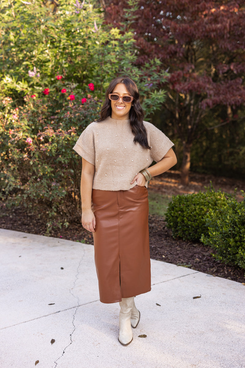 brown faux leather midi skirt