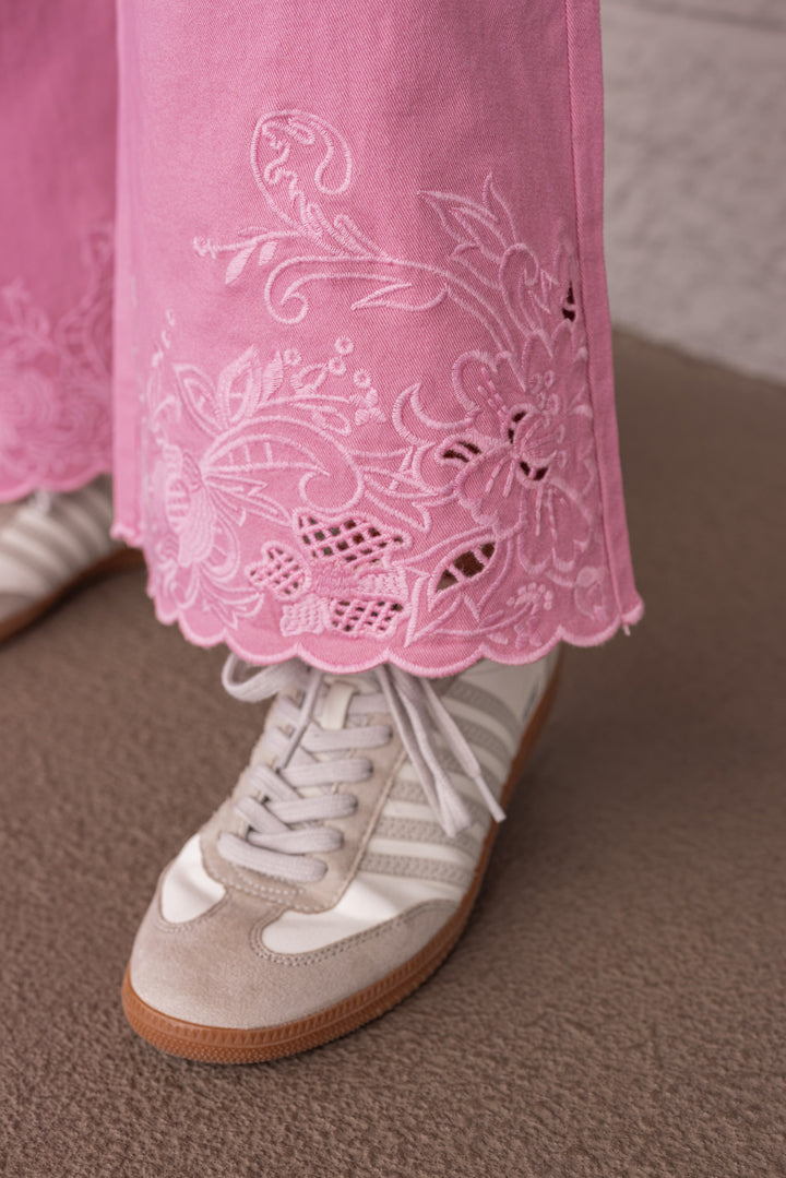mauve embroidered hem pants