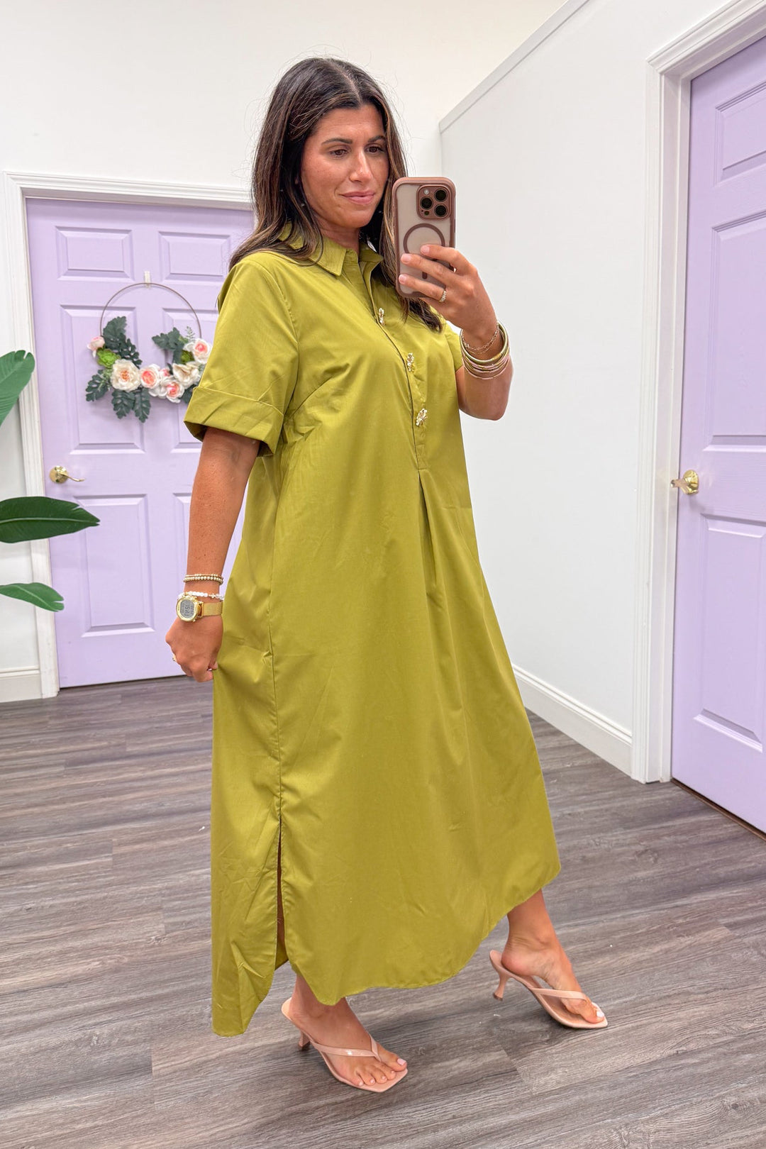 chartreuse cotton midi dress with gold embellished buttons and collar neckline, loose relaxed fit