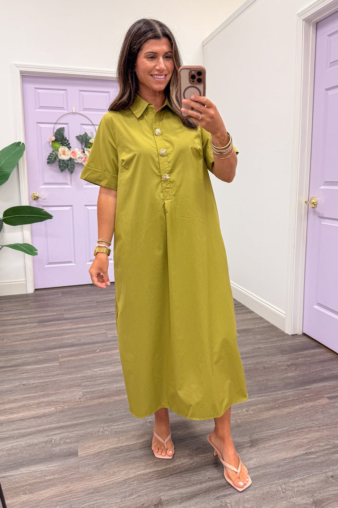 chartreuse cotton midi dress with gold embellished buttons and collar neckline