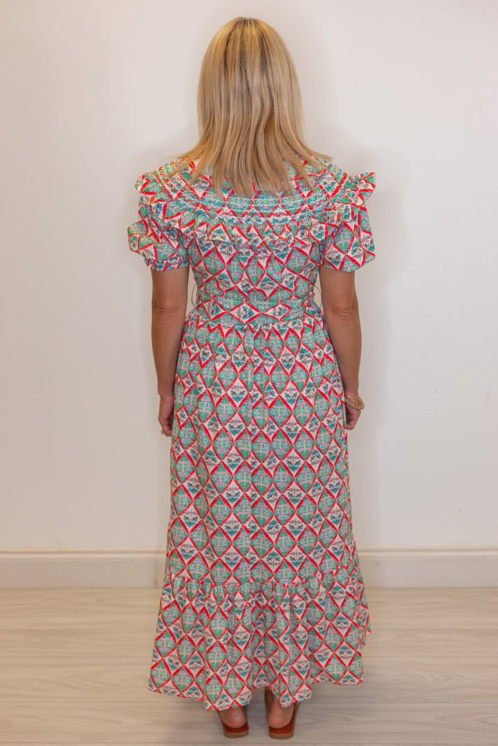 Women's green and coral pink floral print belted poplin maxi dress by Karlie showing full back view