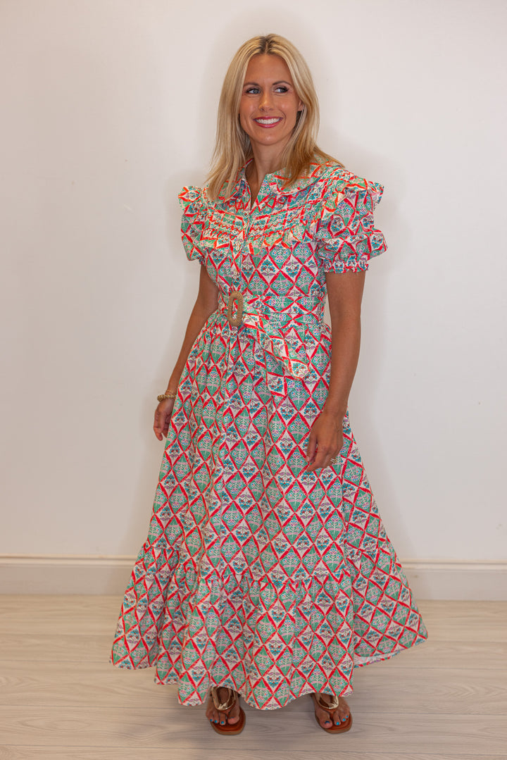 Women's green and coral pink floral print belted poplin maxi dress by Karlie