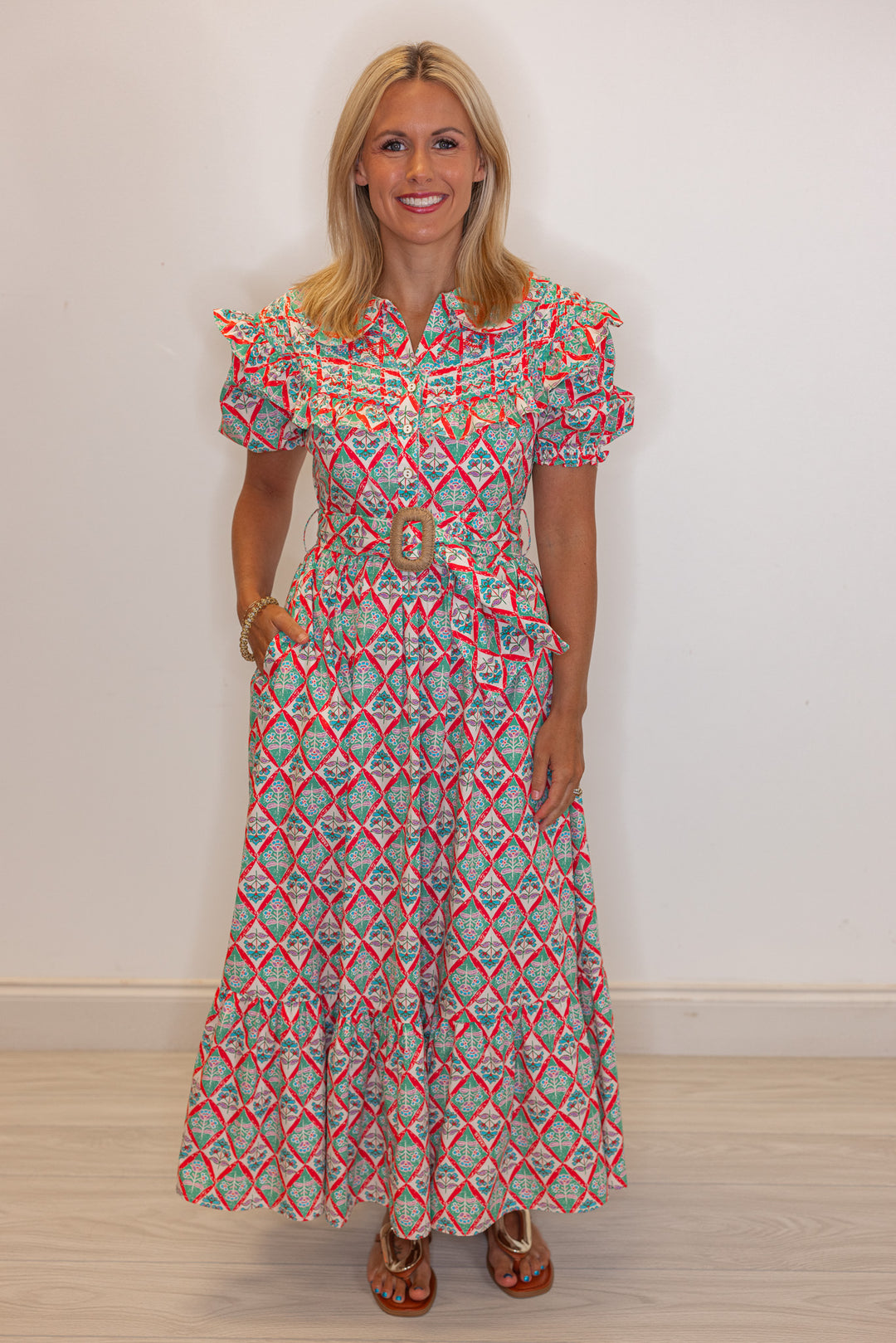 Women's dressy green and coral pink floral print belted poplin maxi dress by Karlie