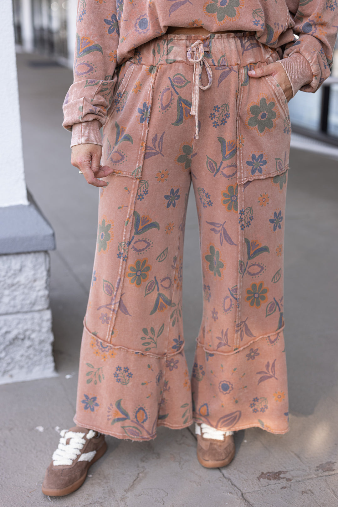 Women's mineral washed mocha mousse floral print french terry knit pants by Easel