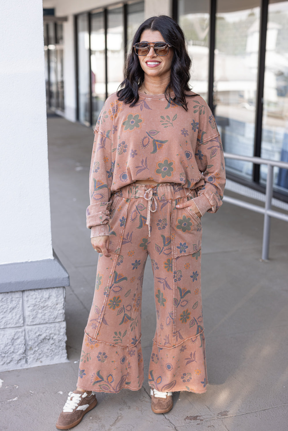 Women's mineral washed mocha mousse floral print french terry knit pants by Easel showing full front view