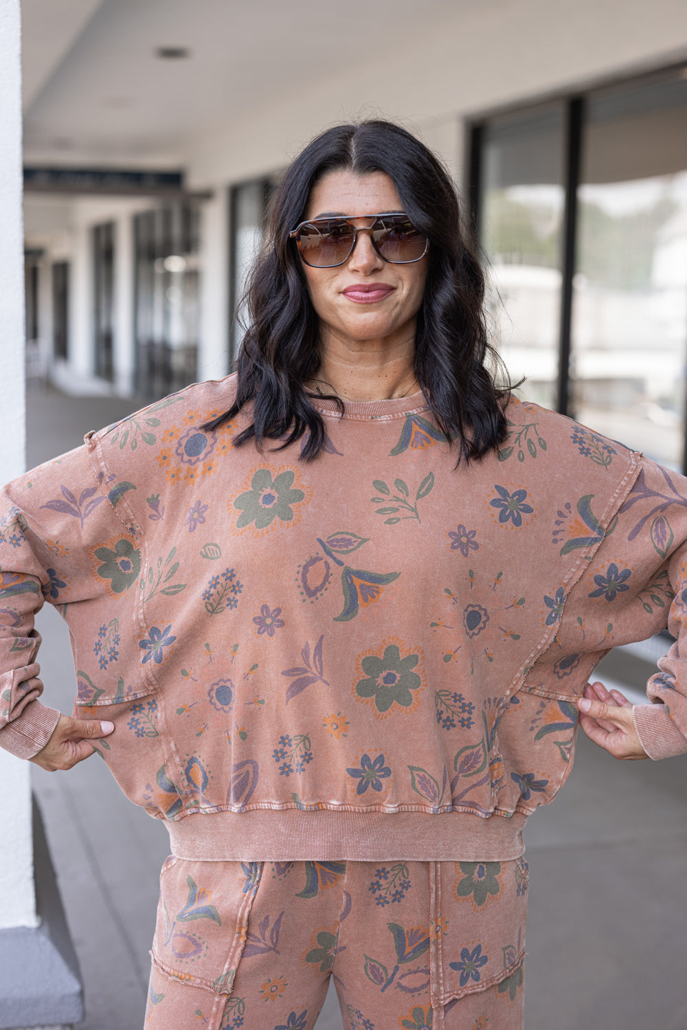 Women's mineral washed mocha mousse floral print french terry knit pullover top by Easel, showing semi-cropped length