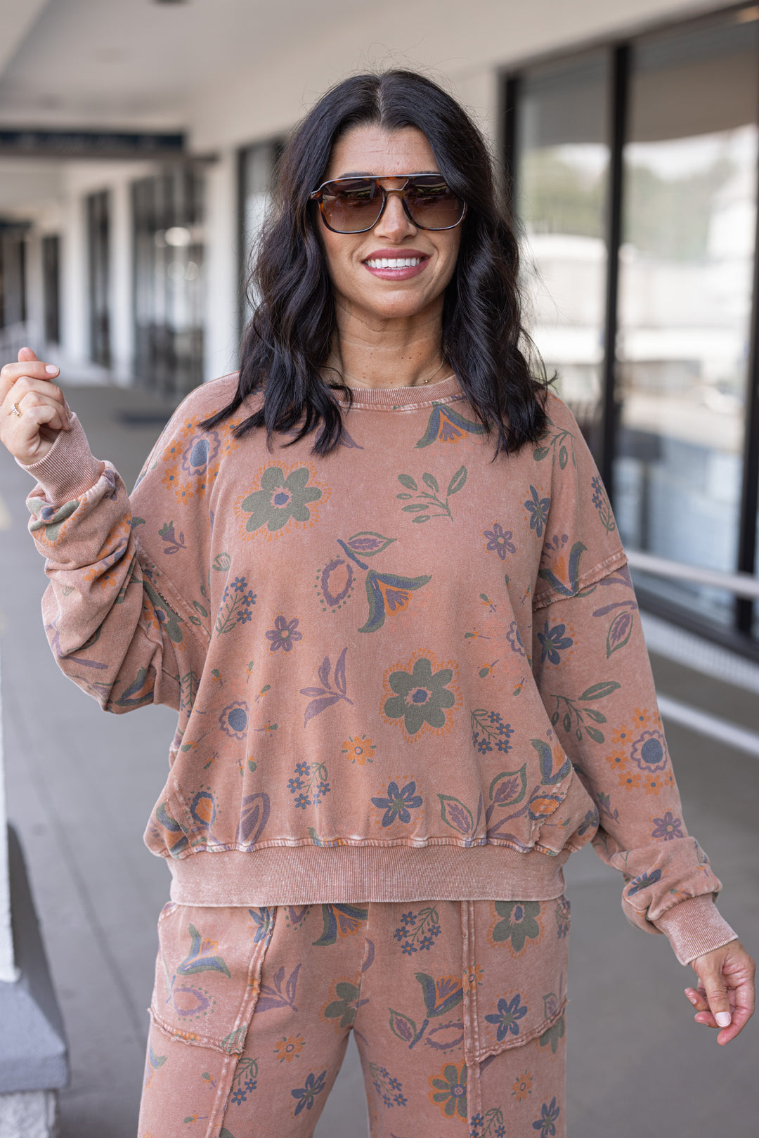 Women's mineral washed mocha mousse floral print french terry knit pullover top by Easel