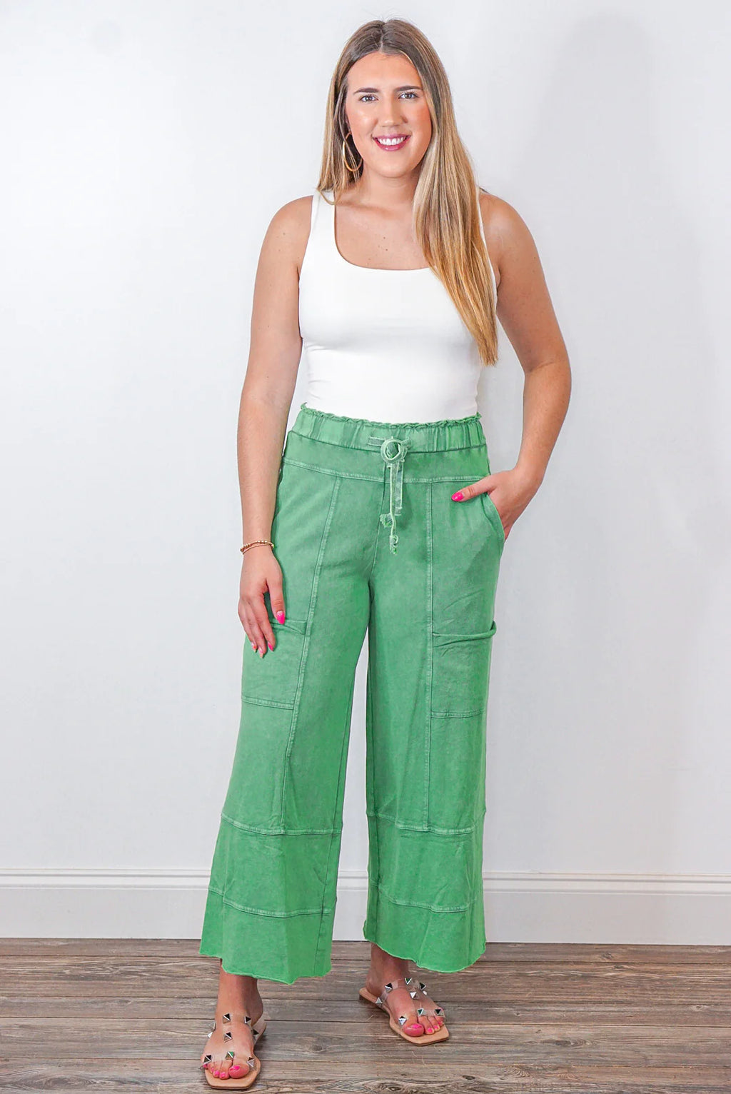 easel wide leg terry knit evergreen pants