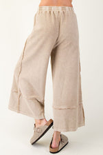 Easel Mineral washed mushroom french terry knit textured wide leg cropped pants