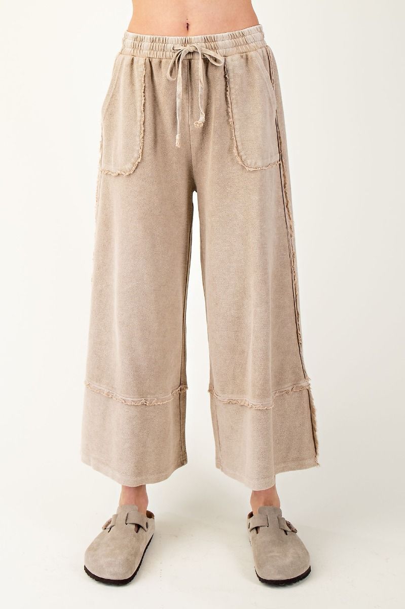 Easel Mineral washed mushroom french terry knit textured wide leg cropped pants