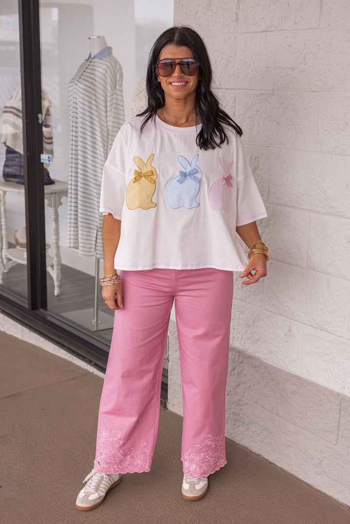 mauve embroidered hem cotton twill pants