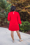 red long sleeve cotton shift dress