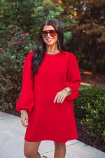 red long sleeve cotton shift dress