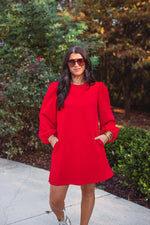 red long sleeve cotton shift dress