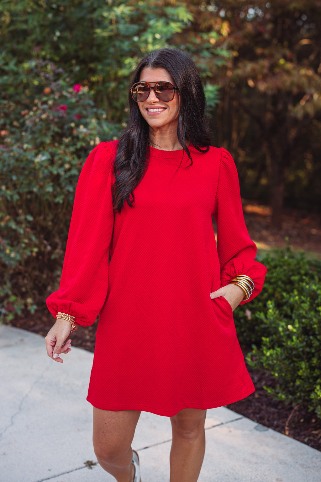 red long sleeve cotton shift dress