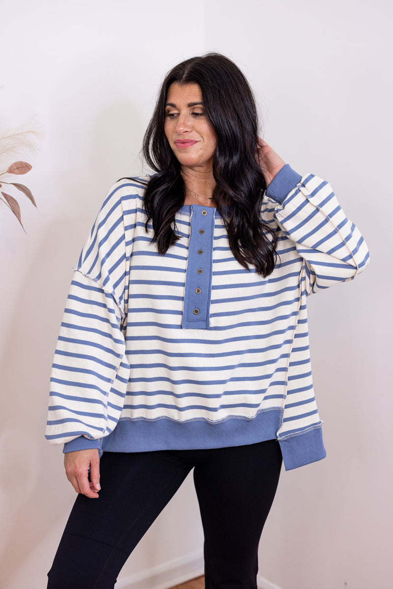 blue striped oversized pullover