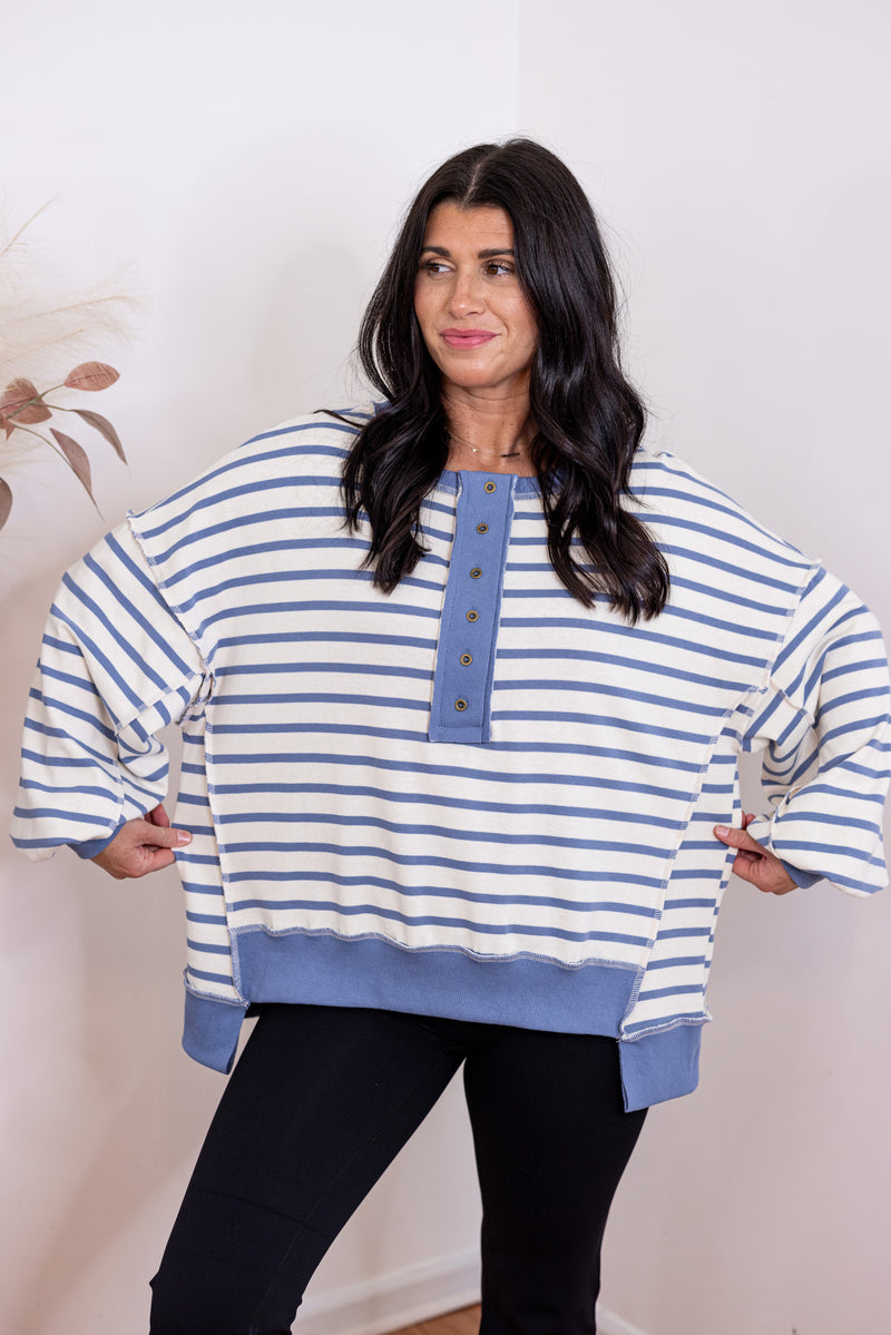 blue striped oversized pullover