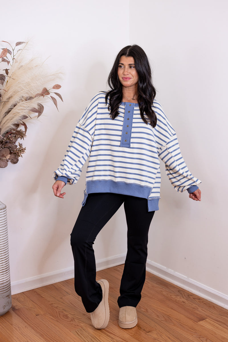 blue striped oversized pullover