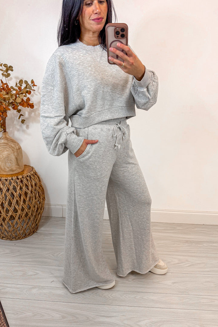 grey knit wide leg pant matching set side