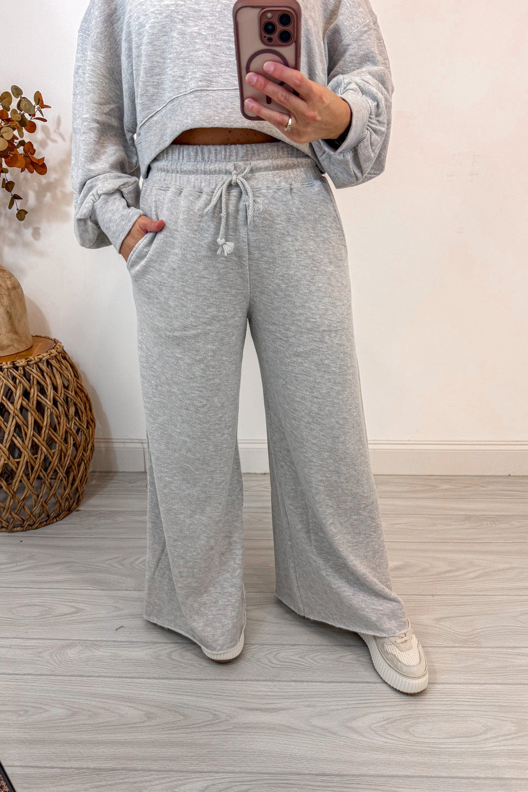 grey knit wide leg pant matching set