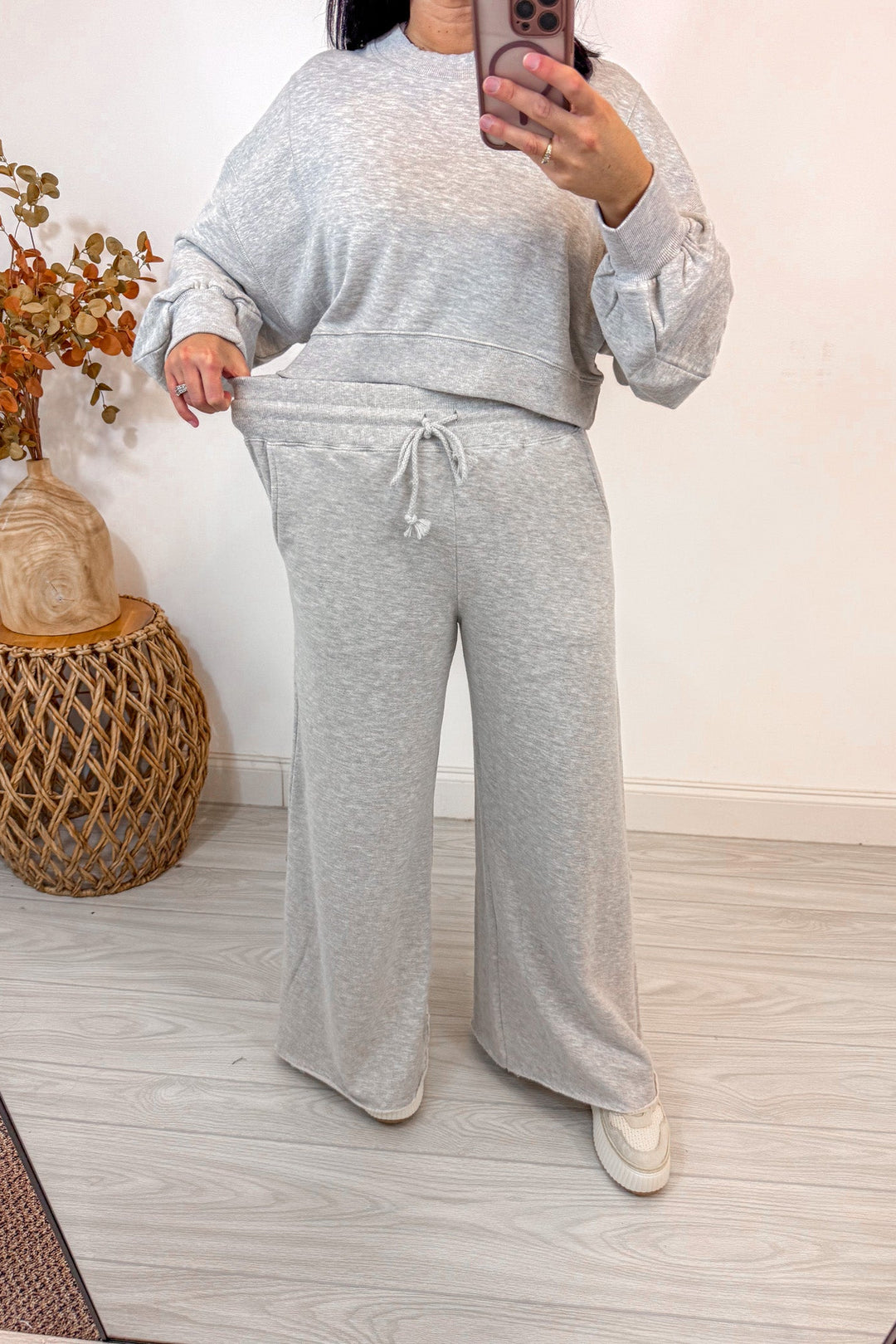 grey knit wide leg pant matching set stretchy