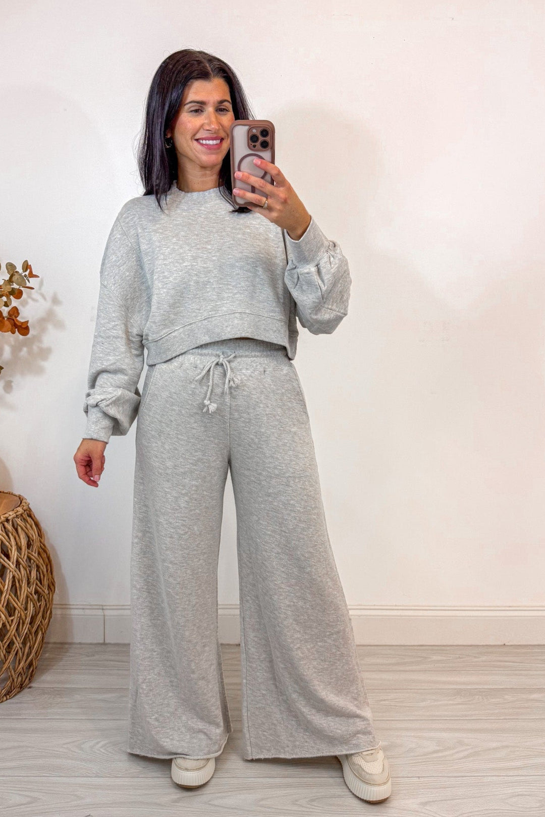 grey knit wide leg pant matching set