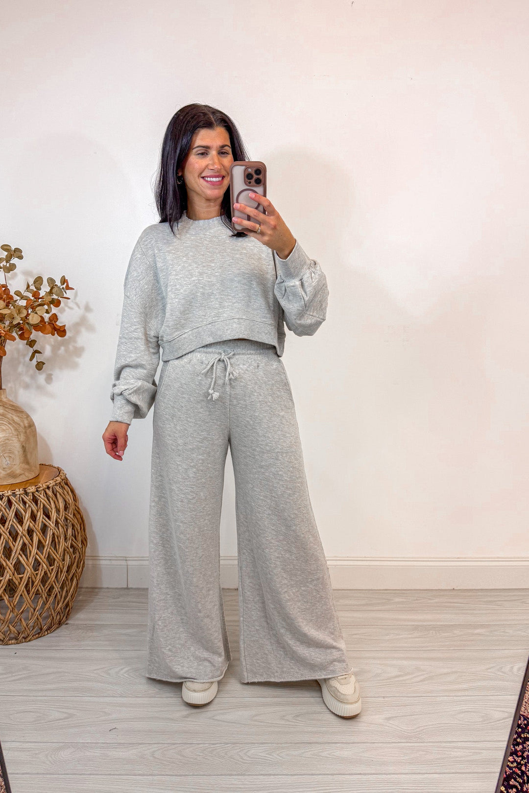 cropped grey knit sweatshirt lounge set
