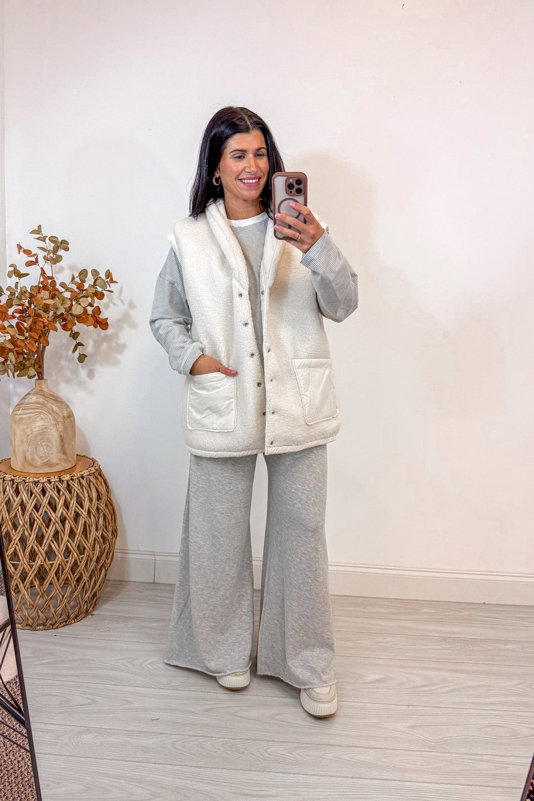 women's white puffer sherpa reversible vest