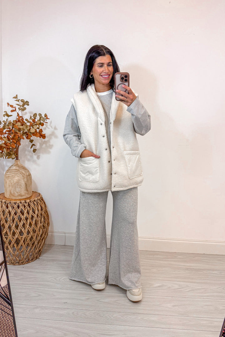 women's white puffer sherpa reversible vest