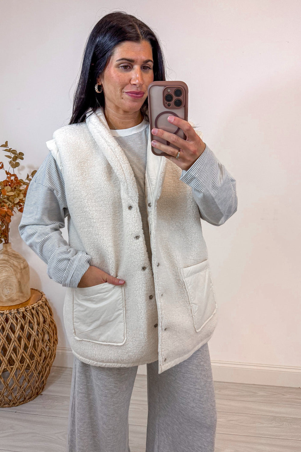 women's white puffer sherpa reversible vest