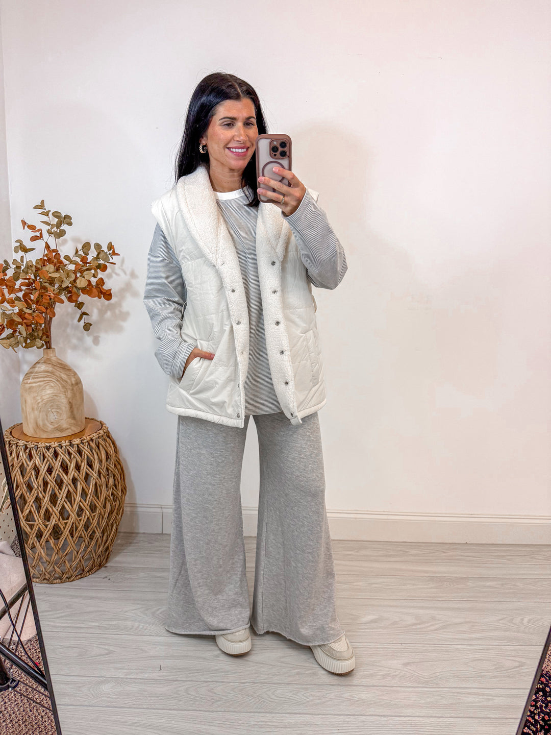 women's winter white puffer sherpa reversible vest