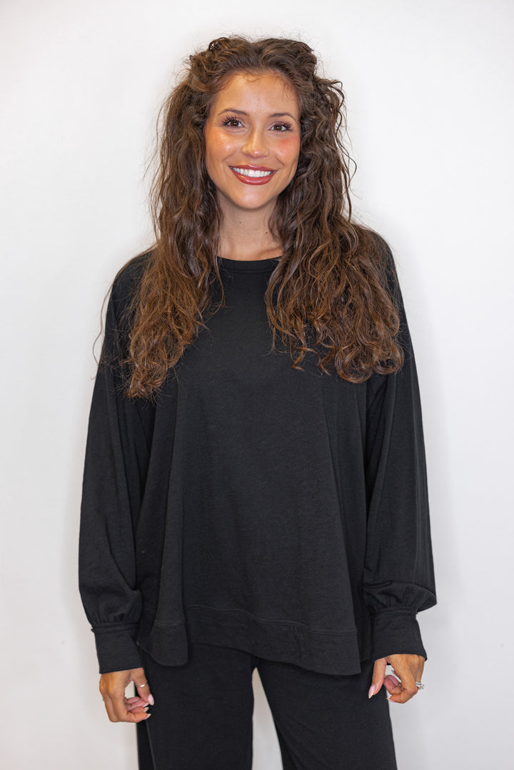 women's black cotton long sleeve lounge top