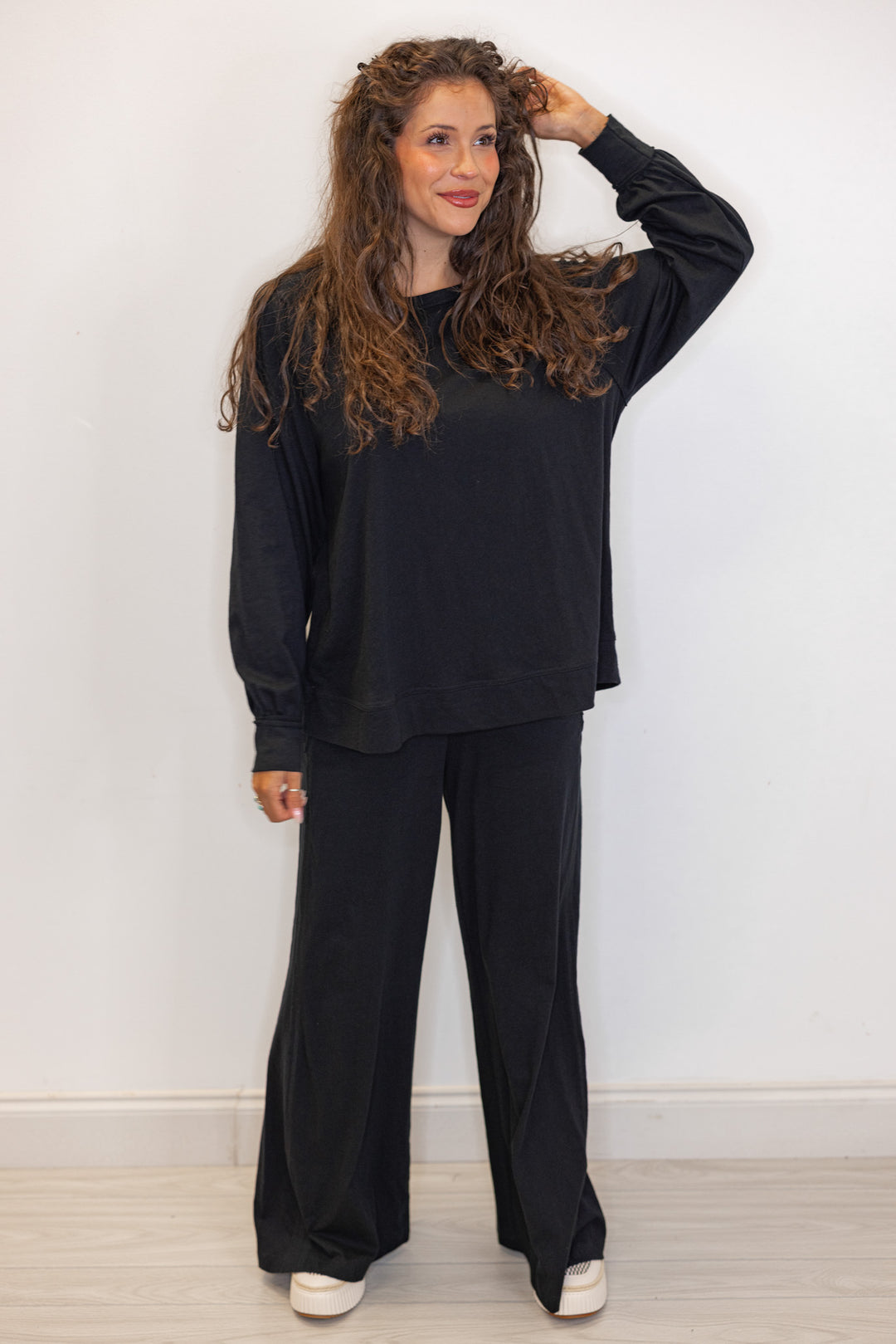 women's black cotton pants top lounge matching set for fall