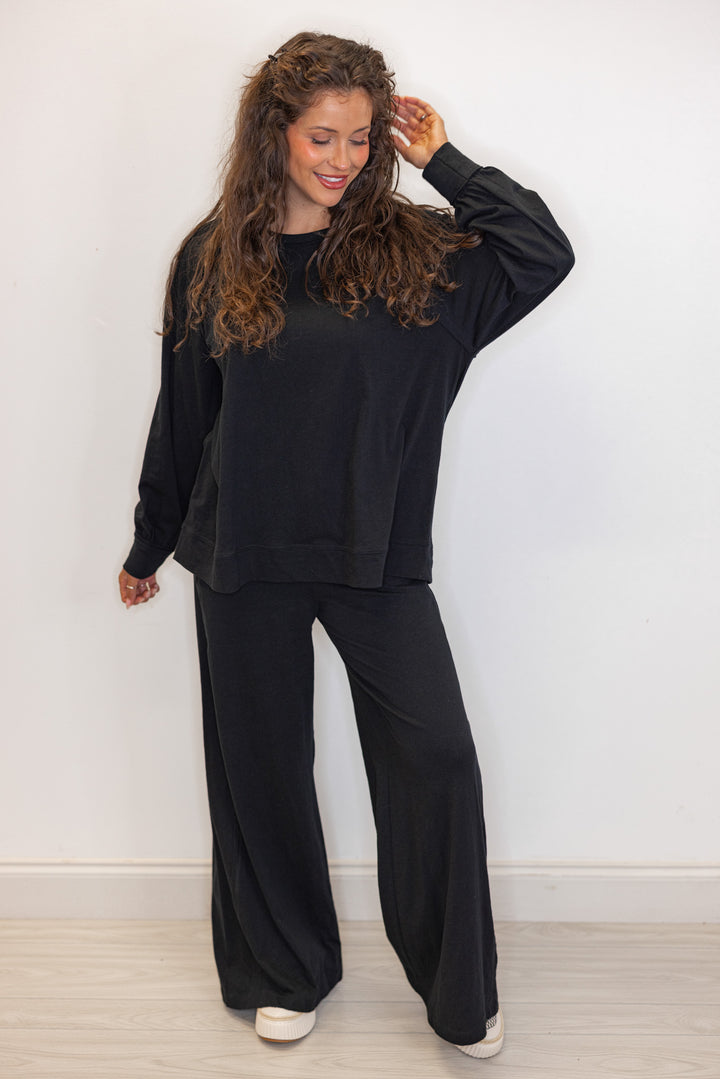 women's black cotton long sleeve lounge and wide leg pants matching set