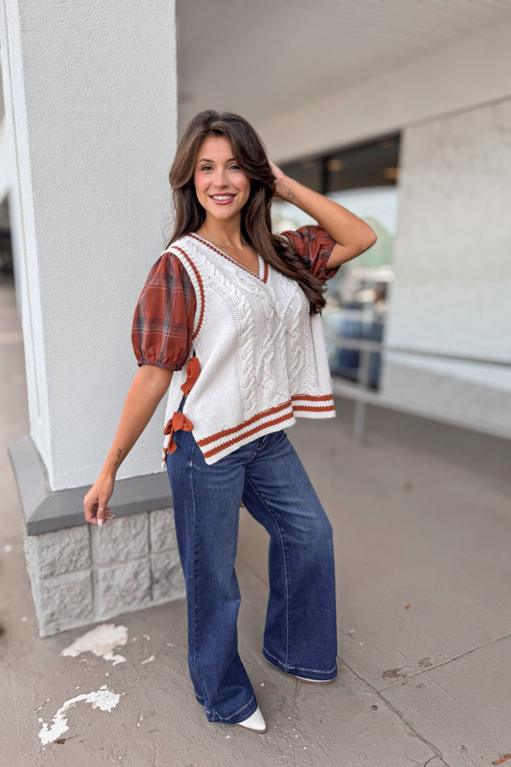 rust ivory plaid sweater vest tops