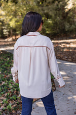 ivory brown trim dressy button down top