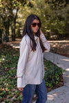 ivory brown trim dressy button down top