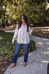 ivory brown trim dressy button down top