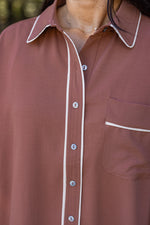 cinnamon brown white trim button down top