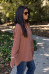 cinnamon brown white trim button down top