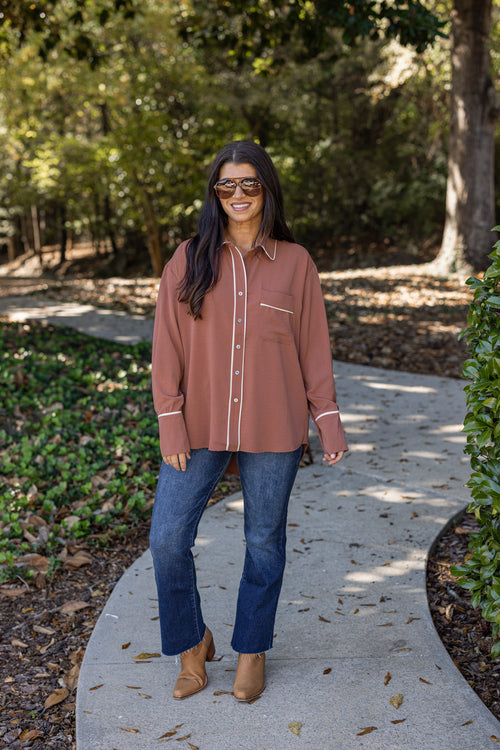 cinnamon brown white trim button down top