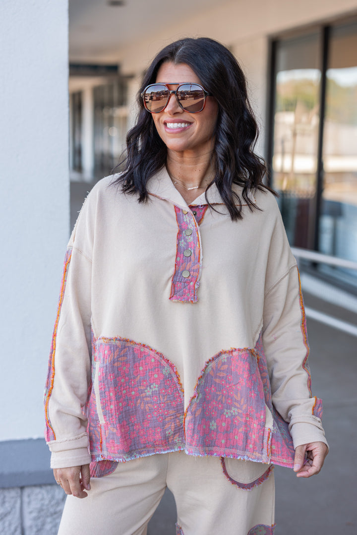 Women's french terry knit oatmeal pullover top with frayed floral patch gauze details by Easel